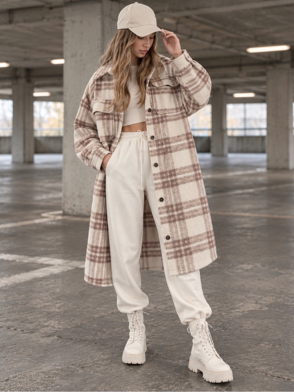 H&M Wool Blend Fuzzy Plaid Shacket Coat Size M Oversized Longline Cream Beige